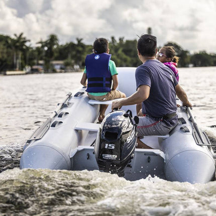 Suzuki 15 HP Black Tiller In use On Dinghy Back